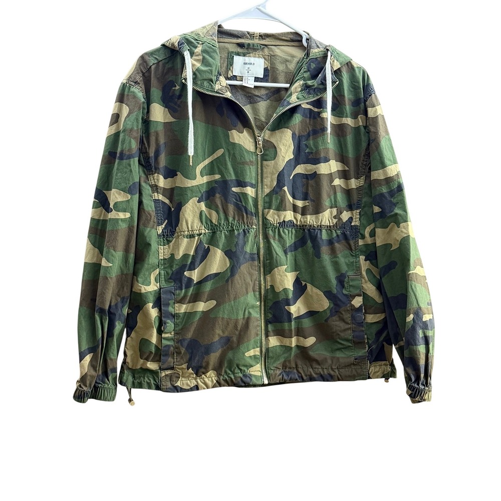 Forever 21 Camo Jacket Full Zip Military Hooded Cargo Utility Women's Small